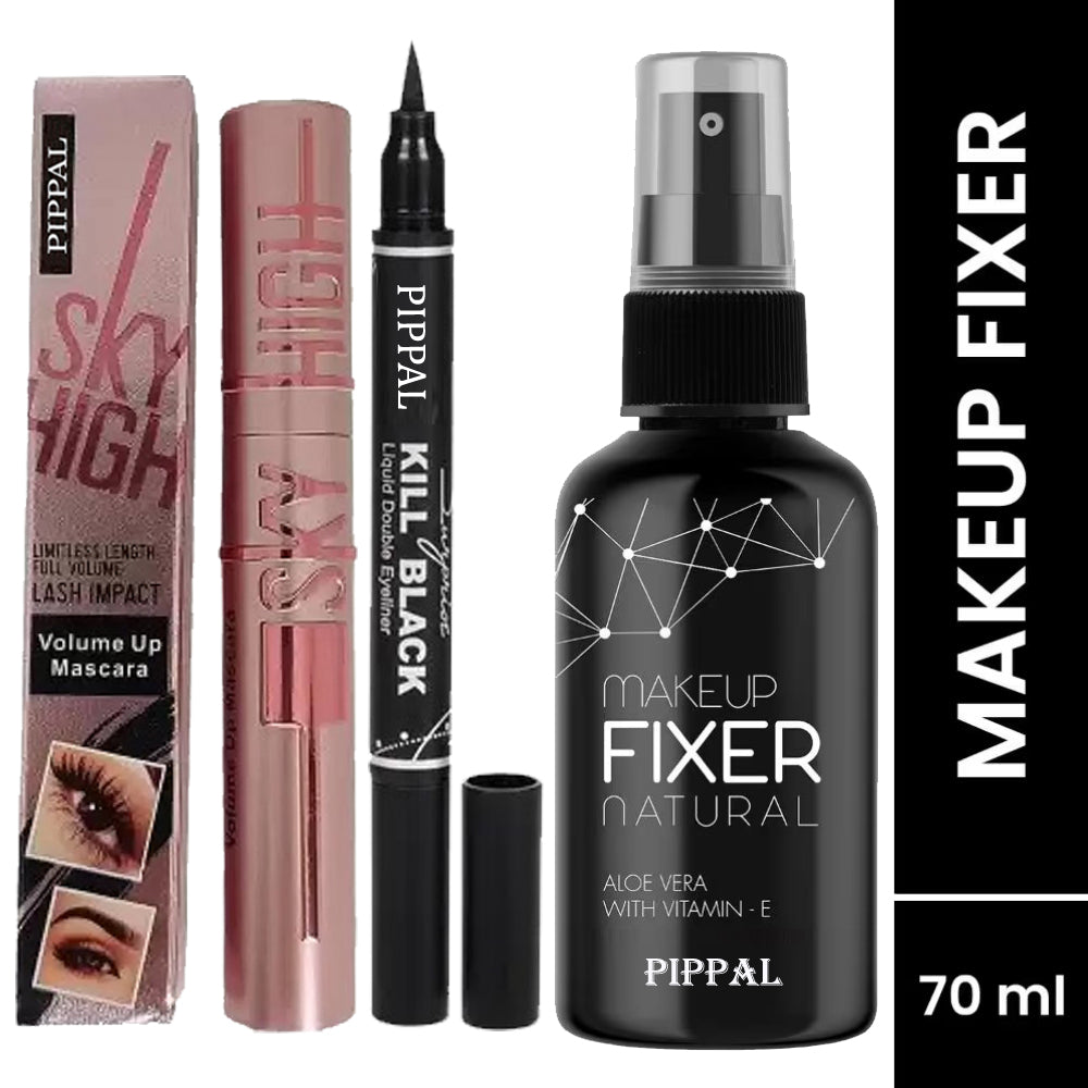 Pippal Beauty Makeup Fixer Spray 80ml (Pack of 1) with Sky High Mascara And 2 in 1 Eyeliner